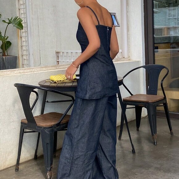 Dark Wash Casual Women's Simplistic Camisole & Denim Pants Set - Picture 3 of 7